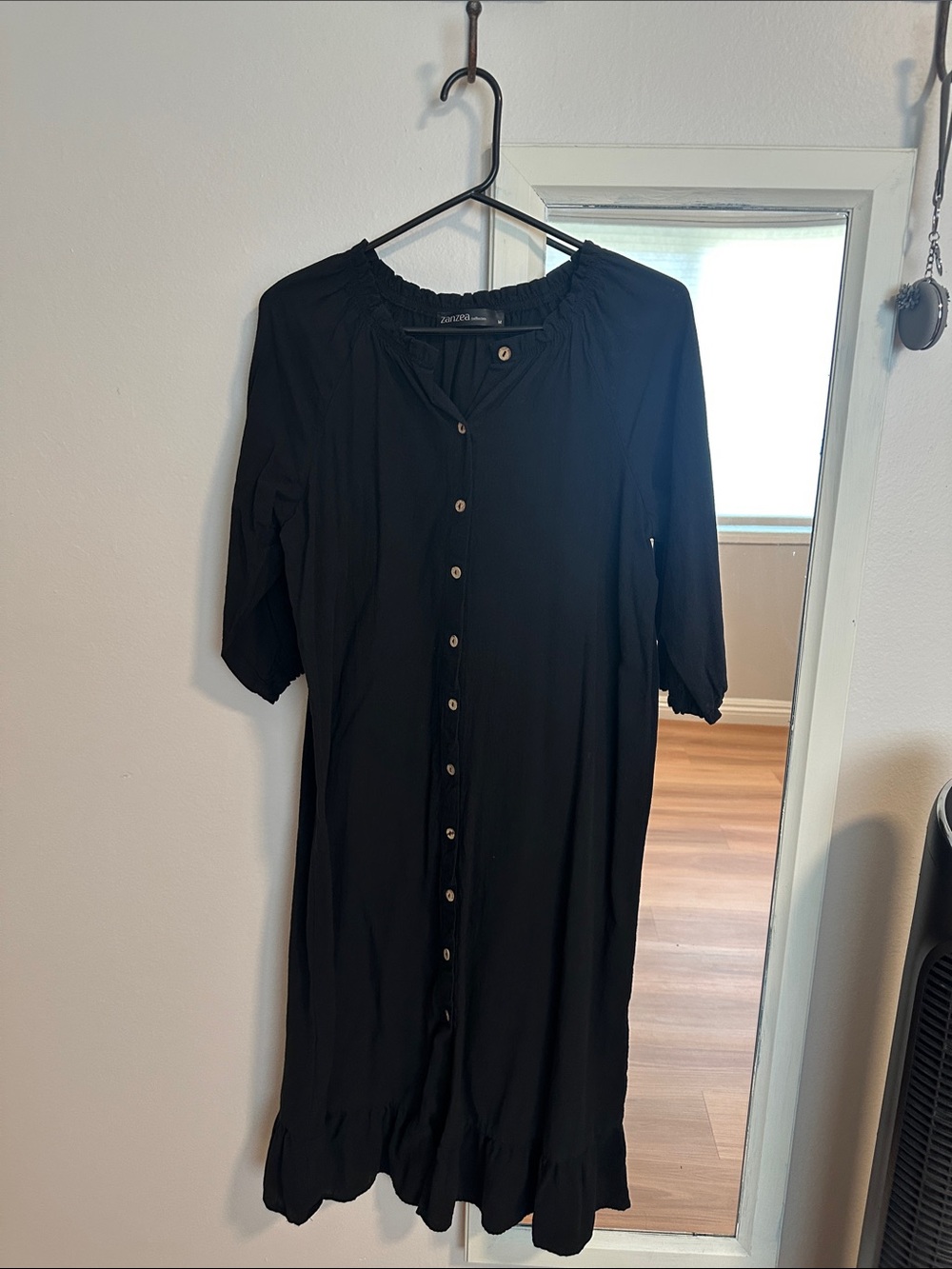 Zanzea Black Button-Front Midi Dress with Ruffle Hem